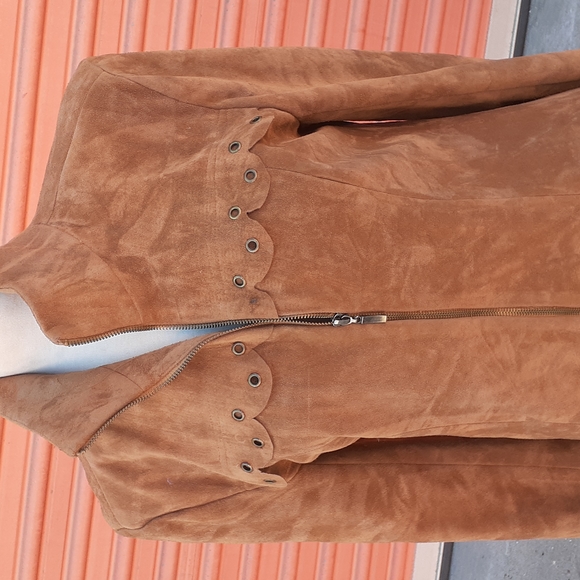 Boho  Tan Suede Zip Front Vtg Sheath Dress Scallop trim Long sleeves , SZ M - Picture 3 of 8